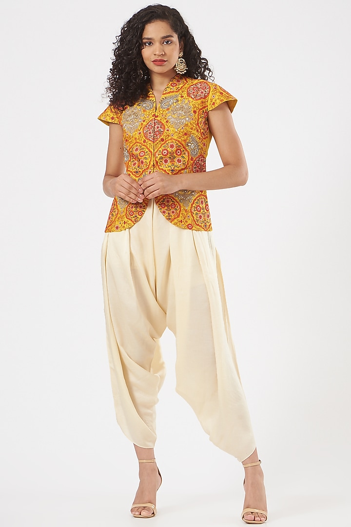 Yellow Raw Silk & Organza Jacket Set by Debyani at Pernia's Pop Up Shop