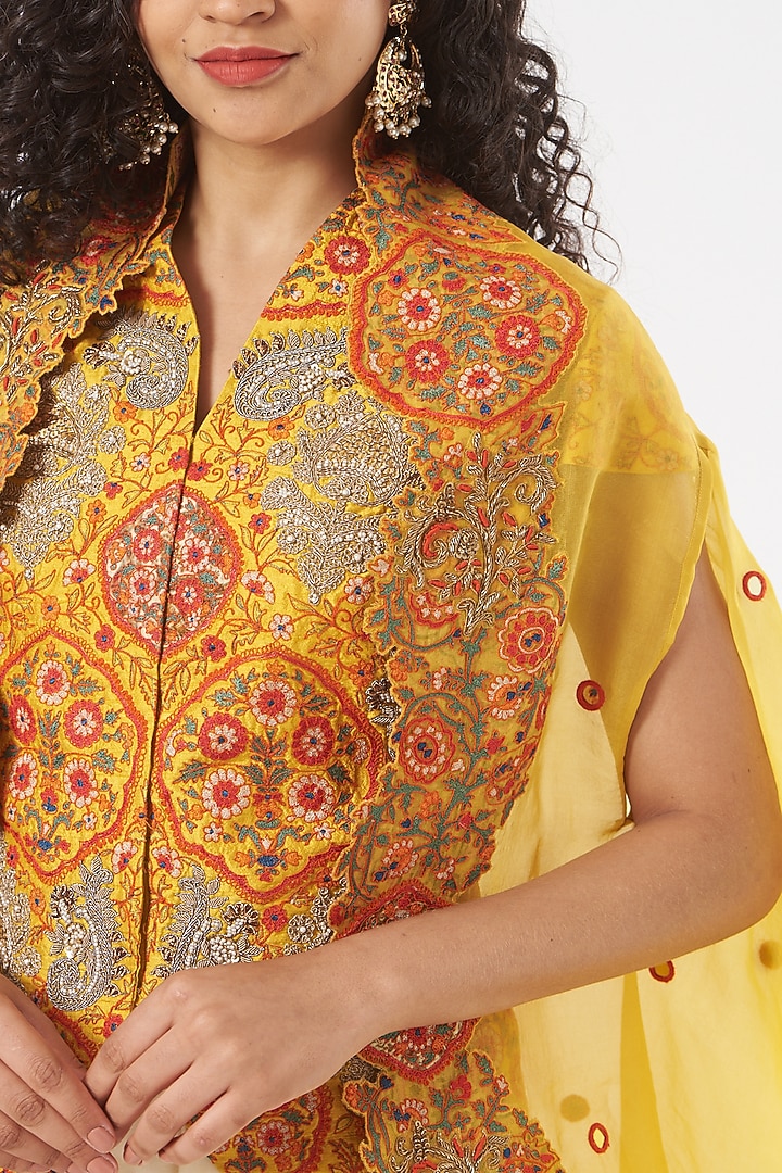 Yellow Raw Silk & Organza Jacket Set by Debyani at Pernia's Pop Up Shop