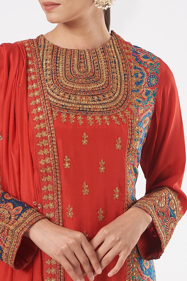 Red Habutai Silk Kurta Set by Debyani at Pernia's Pop Up Shop