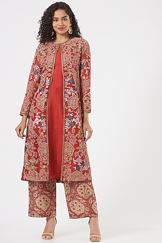 Red Embroidered Jacket Set by Debyani