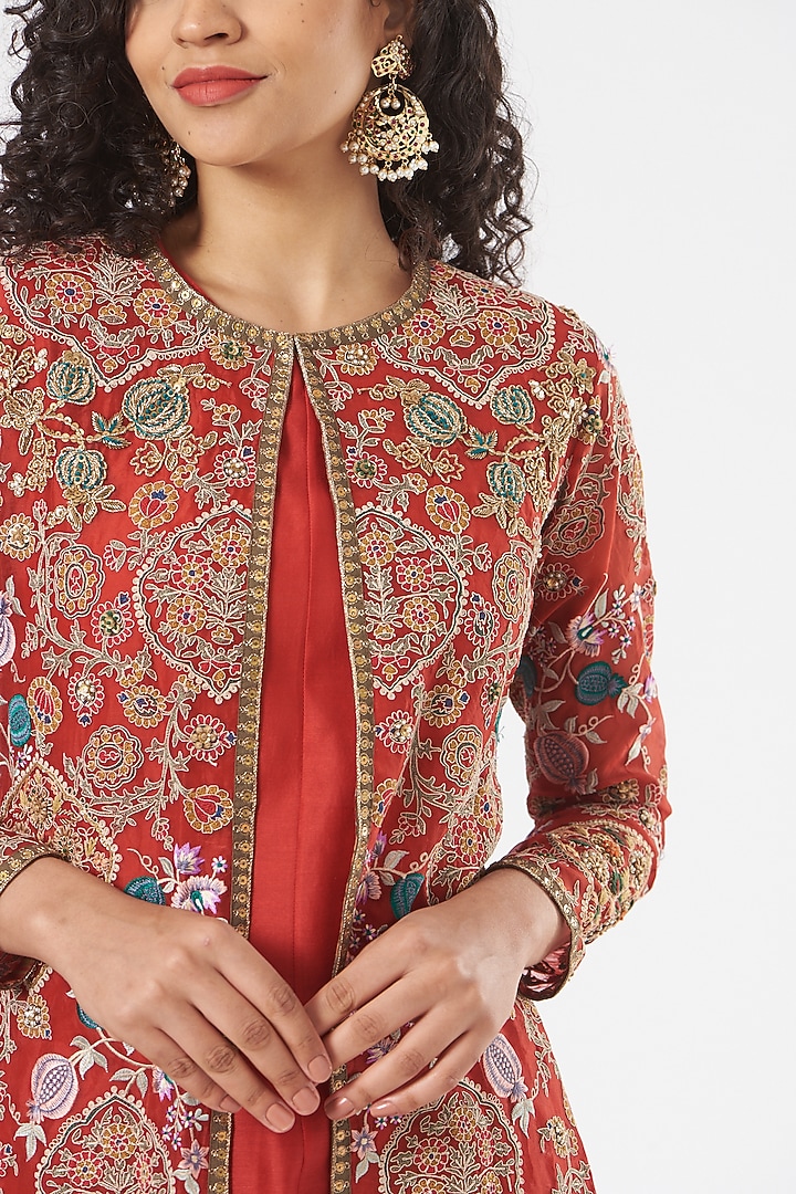 Red Embroidered Jacket Set by Debyani at Pernia's Pop Up Shop