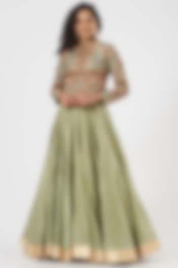 Pista Green Raw Silk Skirt Set by Debyani at Pernia's Pop Up Shop