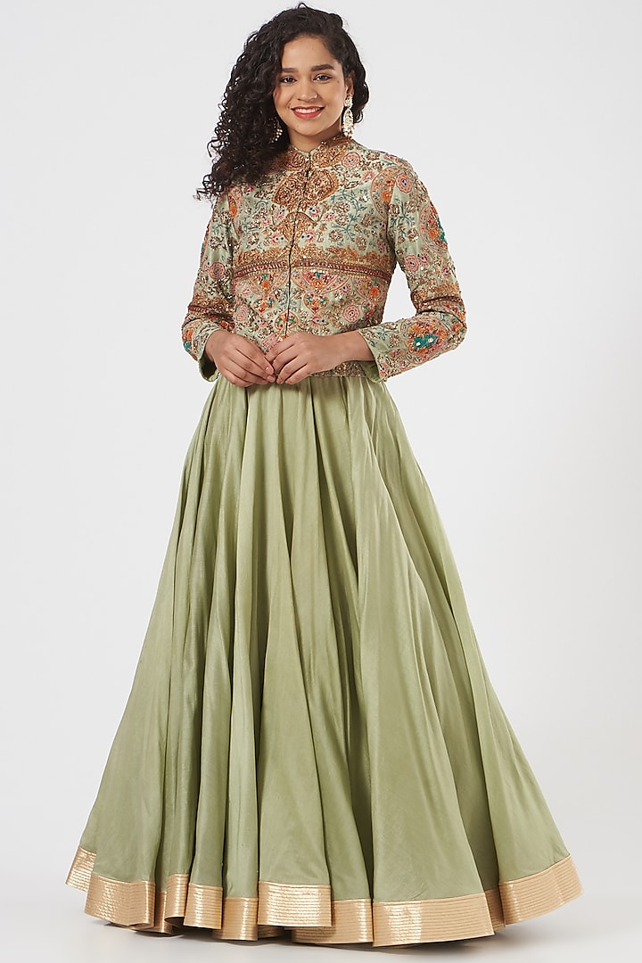 Pista Green Raw Silk Skirt Set by Debyani at Pernia's Pop Up Shop