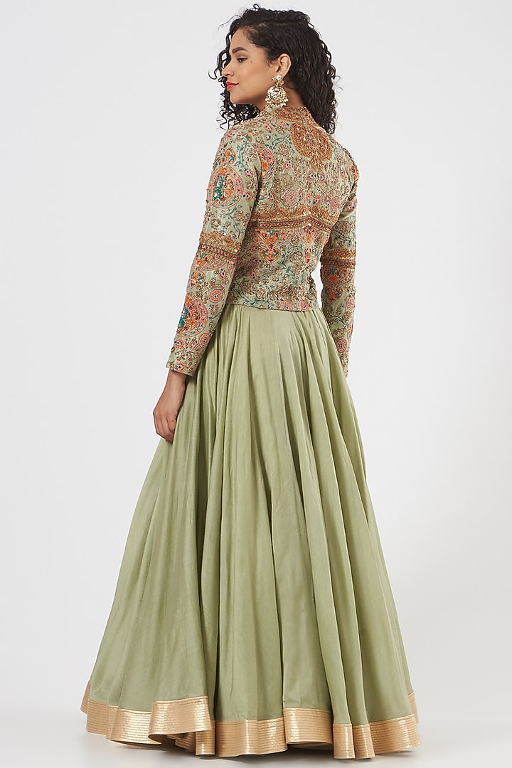 Pista Green Raw Silk Skirt Set by Debyani at Pernia's Pop Up Shop