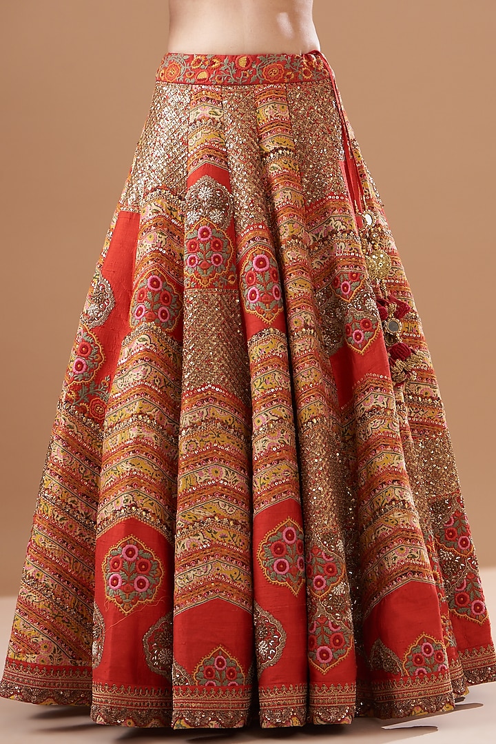 Red Chanderi Silk Embroidered Bridal Lehenga Set by Debyani at Pernia's Pop Up Shop