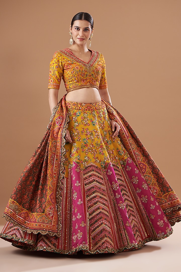 Yellow & Pink Chanderi Silk Embroidered Lehenga Set by Debyani
