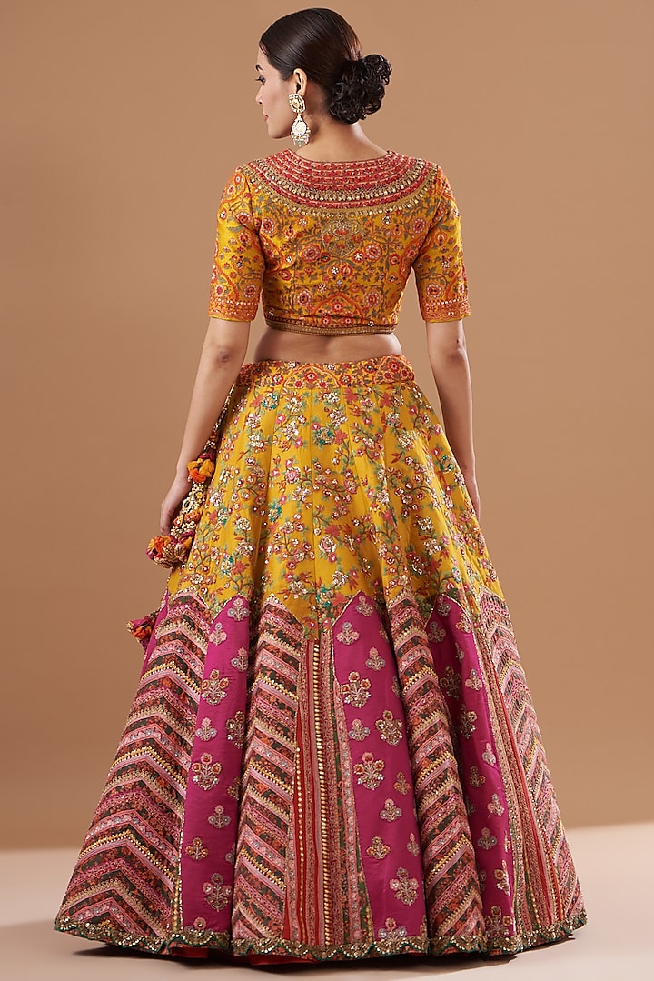 Yellow & Pink Chanderi Silk Embroidered Bridal Lehenga Set by Debyani at Pernia's Pop Up Shop