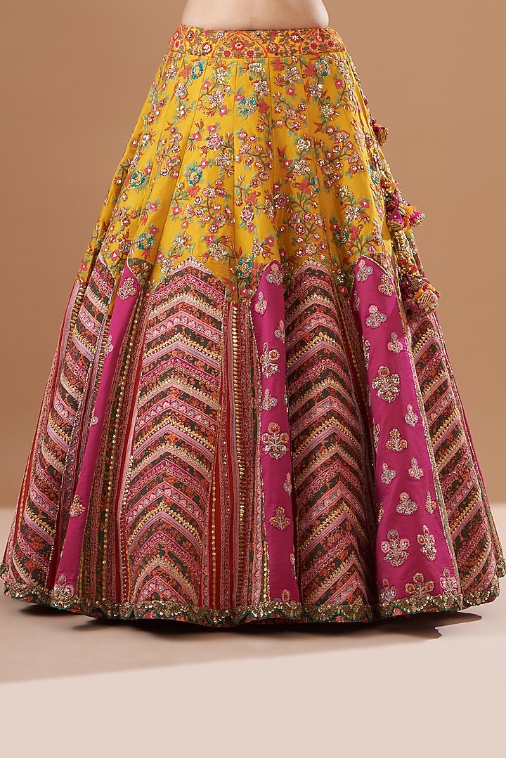 Yellow & Pink Chanderi Silk Embroidered Bridal Lehenga Set by Debyani at Pernia's Pop Up Shop