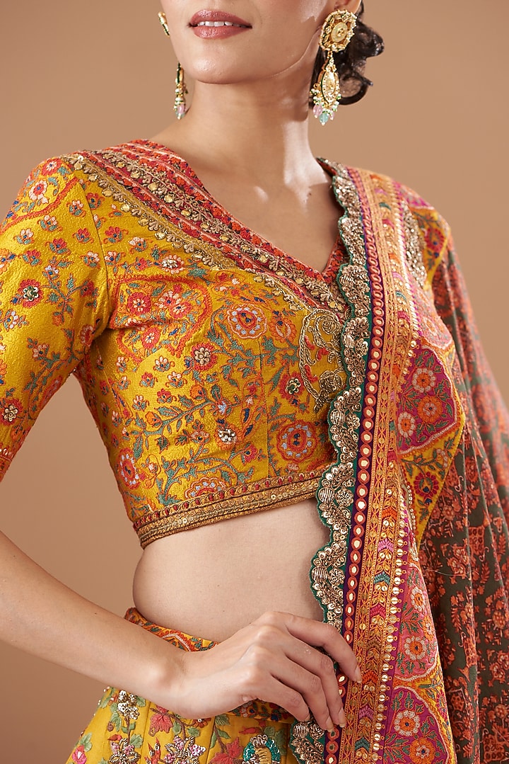 Yellow & Pink Chanderi Silk Embroidered Bridal Lehenga Set by Debyani at Pernia's Pop Up Shop