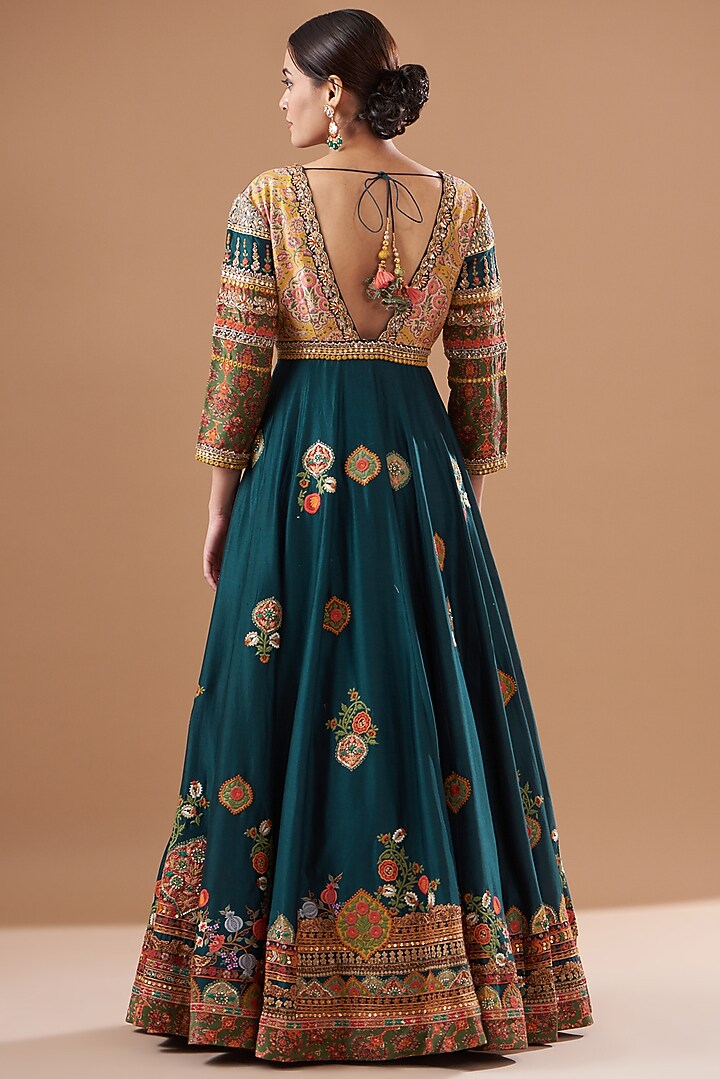 Blue Chanderi Silk Embroidered Bridal Anarkali Set by Debyani at Pernia's Pop Up Shop