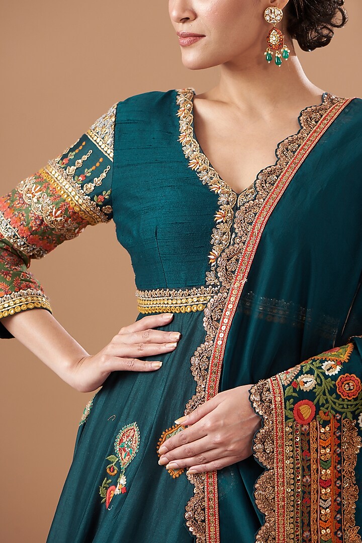 Blue Chanderi Silk Embroidered Bridal Anarkali Set by Debyani at Pernia's Pop Up Shop
