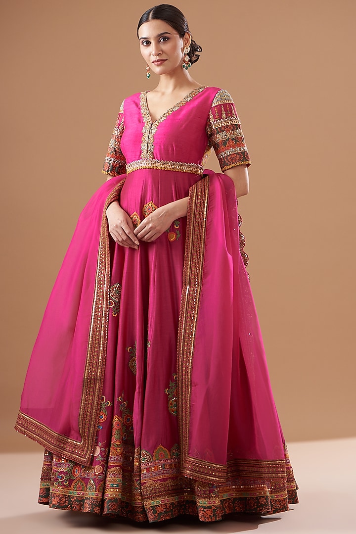 Pink Chanderi Silk Embroidered Anarkali Set by Debyani