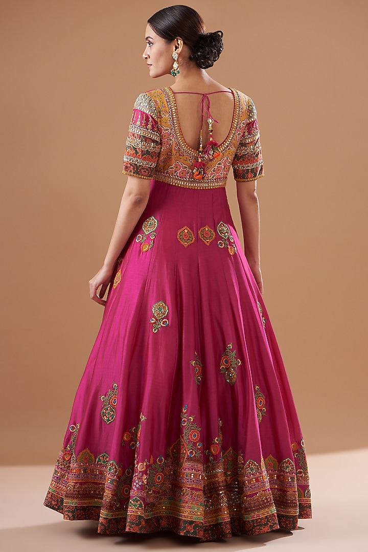 Pink Chanderi Silk Embroidered Bridal Anarkali Set by Debyani at Pernia's Pop Up Shop