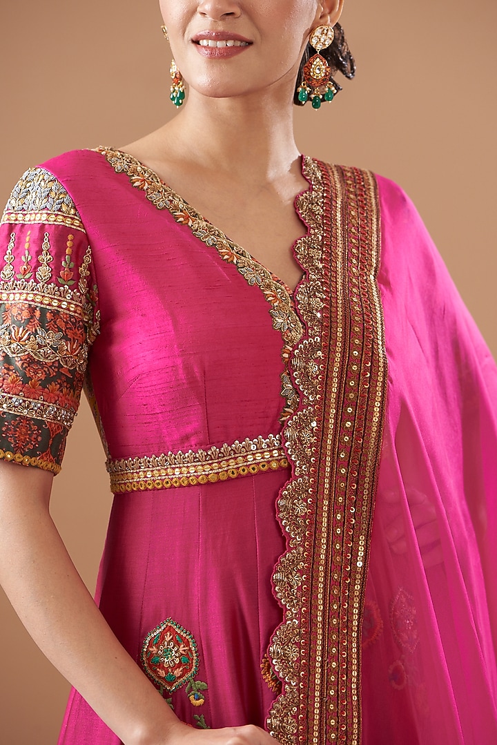 Pink Chanderi Silk Embroidered Bridal Anarkali Set by Debyani at Pernia's Pop Up Shop