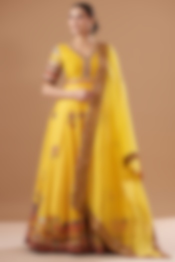Yellow Chanderi Silk Embroidered Anarkali Set by Debyani