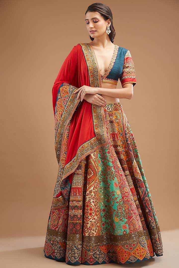 Multi-Colored Raw Silk Chanderi & Mulmul Embroidered Lehenga Set by Debyani