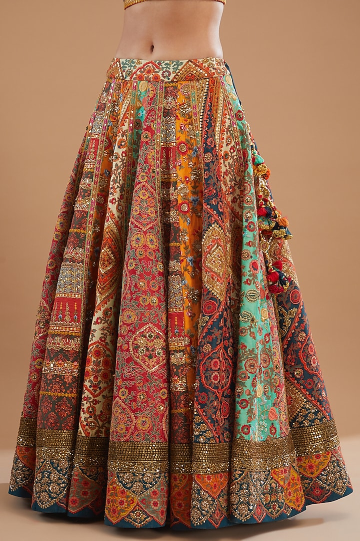 Multi-Colored Raw Silk Chanderi & Mulmul Embroidered Bridal Lehenga Set by Debyani at Pernia's Pop Up Shop