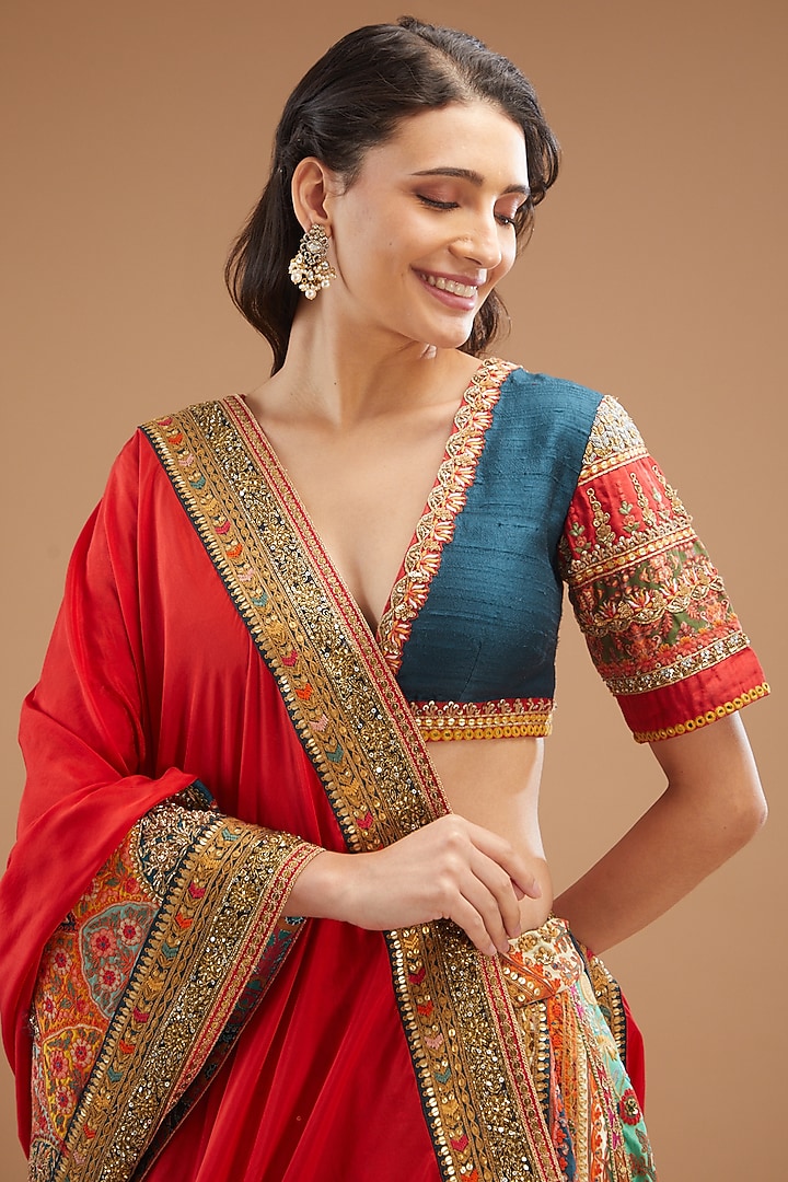 Multi-Colored Raw Silk Chanderi & Mulmul Embroidered Bridal Lehenga Set by Debyani at Pernia's Pop Up Shop