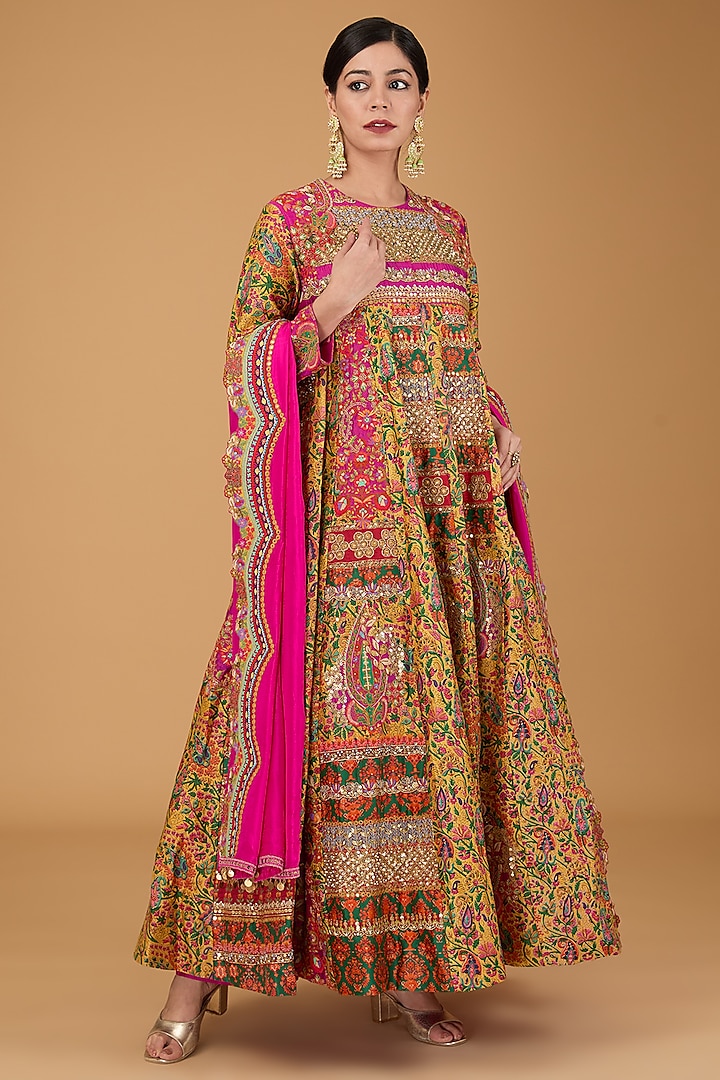 Multi-Colored Chanderi Printed & Embroidered Kalidar Anarkali Set by Debyani