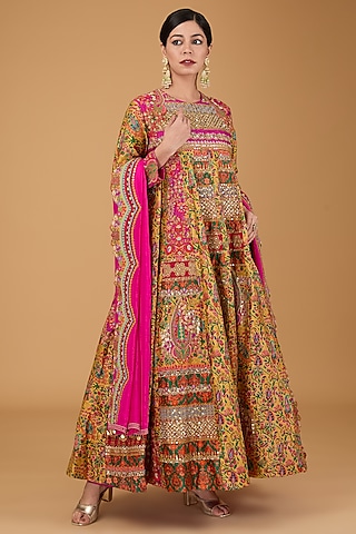Multi-Colored Chanderi Printed & Embroidered Kalidar Anarkali Set by Debyani