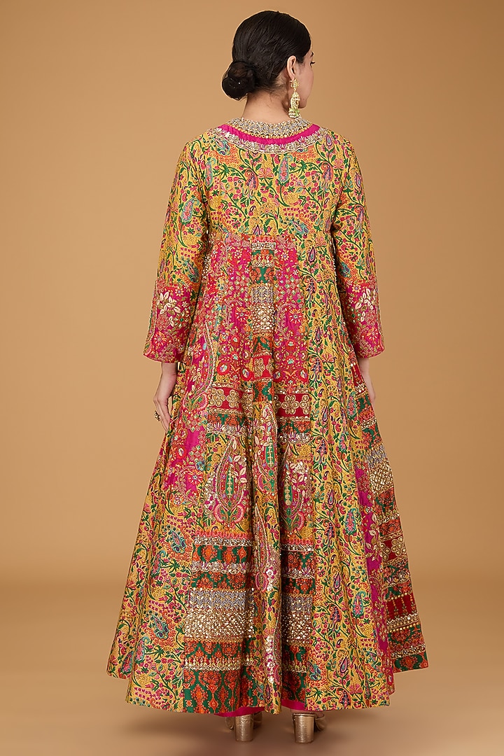 Multi-Colored Chanderi Printed & Embroidered Kalidar Bridal Anarkali Set by Debyani at Pernia's Pop Up Shop