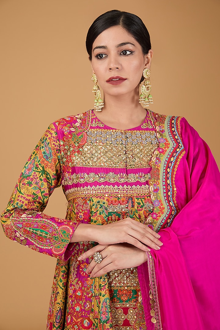 Multi-Colored Chanderi Printed & Embroidered Kalidar Bridal Anarkali Set by Debyani at Pernia's Pop Up Shop