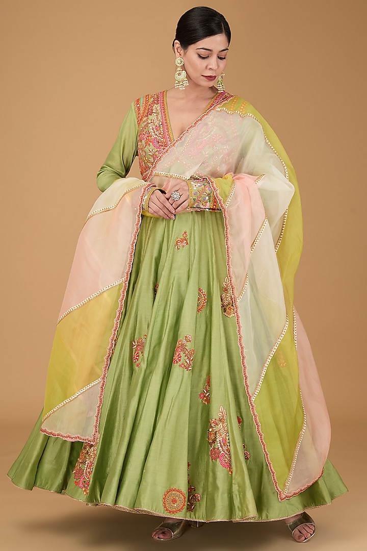 Green Chanderi Anarkali Set by Debyani at Pernia's Pop Up Shop