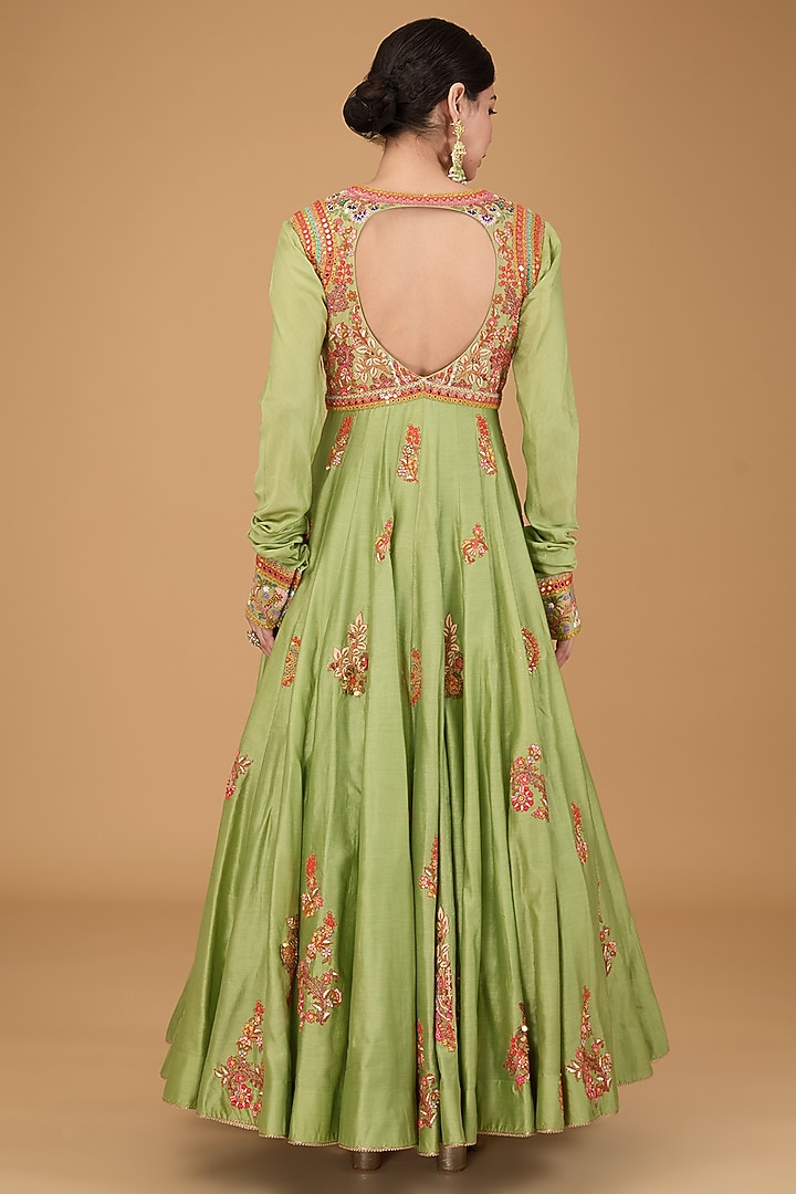 Green Chanderi Bridal Anarkali Set by Debyani at Pernia's Pop Up Shop