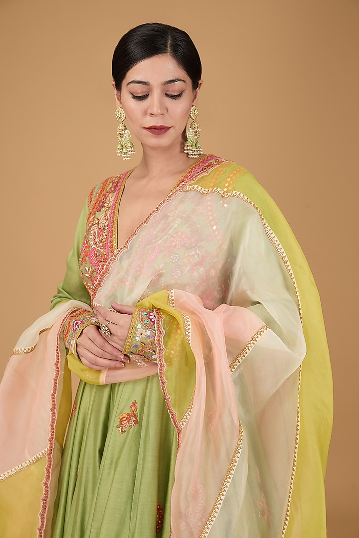 Green Chanderi Bridal Anarkali Set by Debyani at Pernia's Pop Up Shop