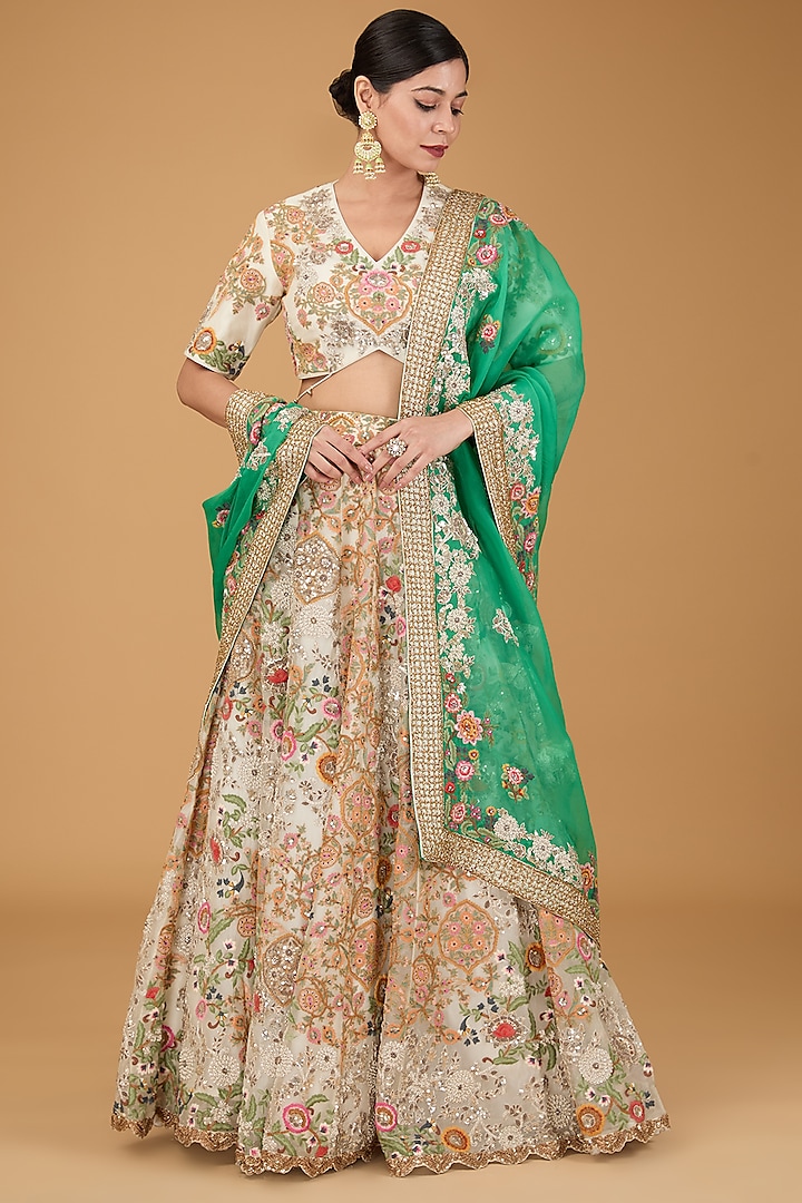 Ivory Organza Bridal Lehenga Set by Debyani at Pernia's Pop Up Shop