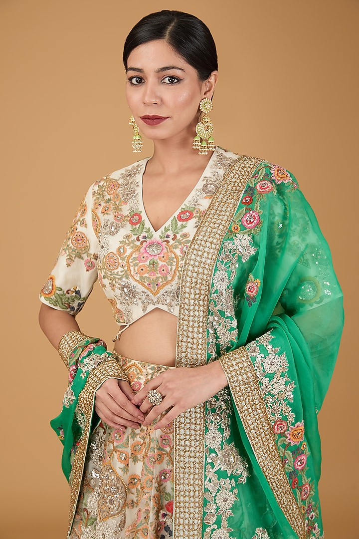 Ivory Organza Bridal Lehenga Set by Debyani at Pernia's Pop Up Shop