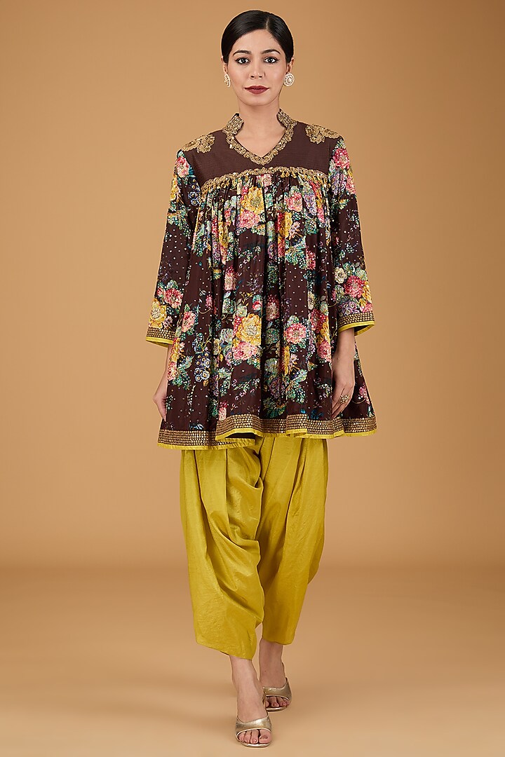 Black Silk Floral Printed Tunic Set by Debyani at Pernia's Pop Up Shop