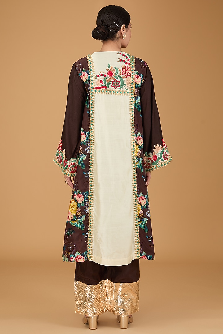 Black Silk Floral Choga Kurta Set by Debyani at Pernia's Pop Up Shop