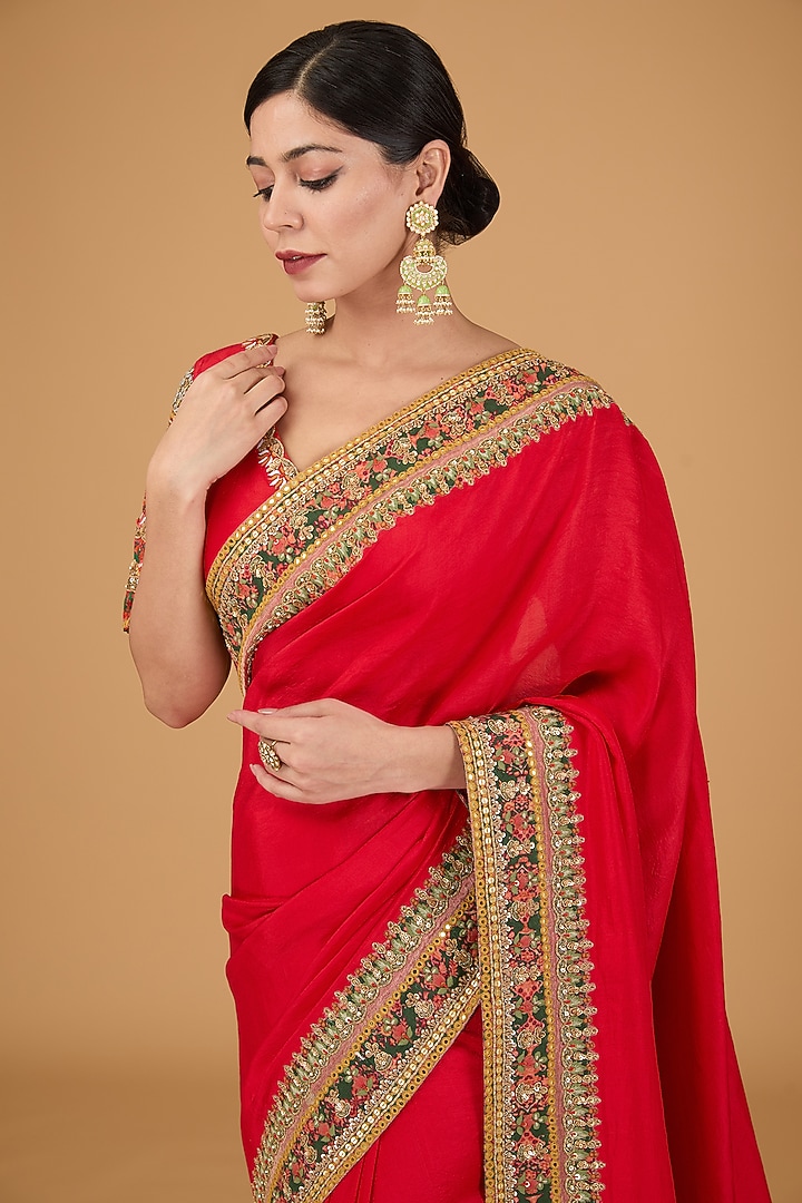 Red Silk Bridal Saree Set by Debyani at Pernia's Pop Up Shop