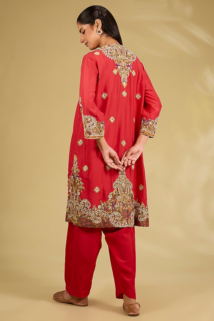 Red Silk Embroidered Kurta Set by Debyani at Pernia's Pop Up Shop