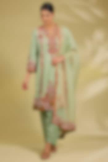 Pista Green Silk Hand & Machine Embroidered Kurta Set by Debyani at Pernia's Pop Up Shop