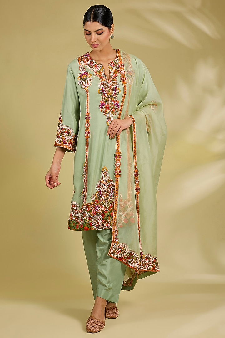 Pista Green Silk Hand & Machine Embroidered Kurta Set by Debyani at Pernia's Pop Up Shop