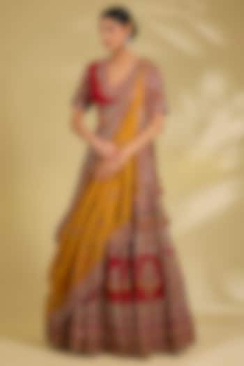 Red Silk Hand & Machine Embroidered Bridal Lehenga Set by Debyani at Pernia's Pop Up Shop