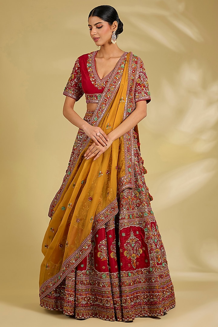 Red Silk Hand & Machine Embroidered Bridal Lehenga Set by Debyani at Pernia's Pop Up Shop