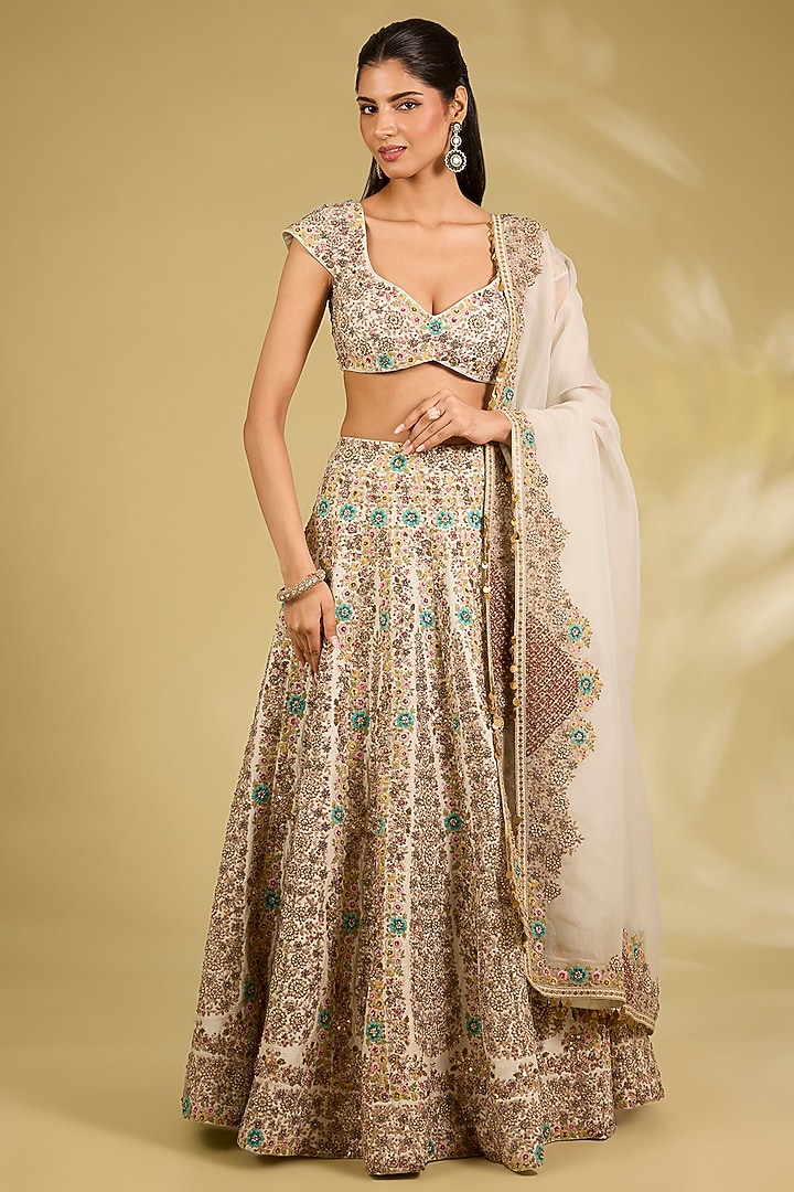 Ice Blue Silk Organza Embroidered Bridal Lehenga Set by Debyani at Pernia's Pop Up Shop