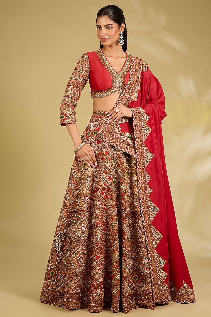 Red Silk Embroidered Bridal Lehenga Set by Debyani at Pernia's Pop Up Shop