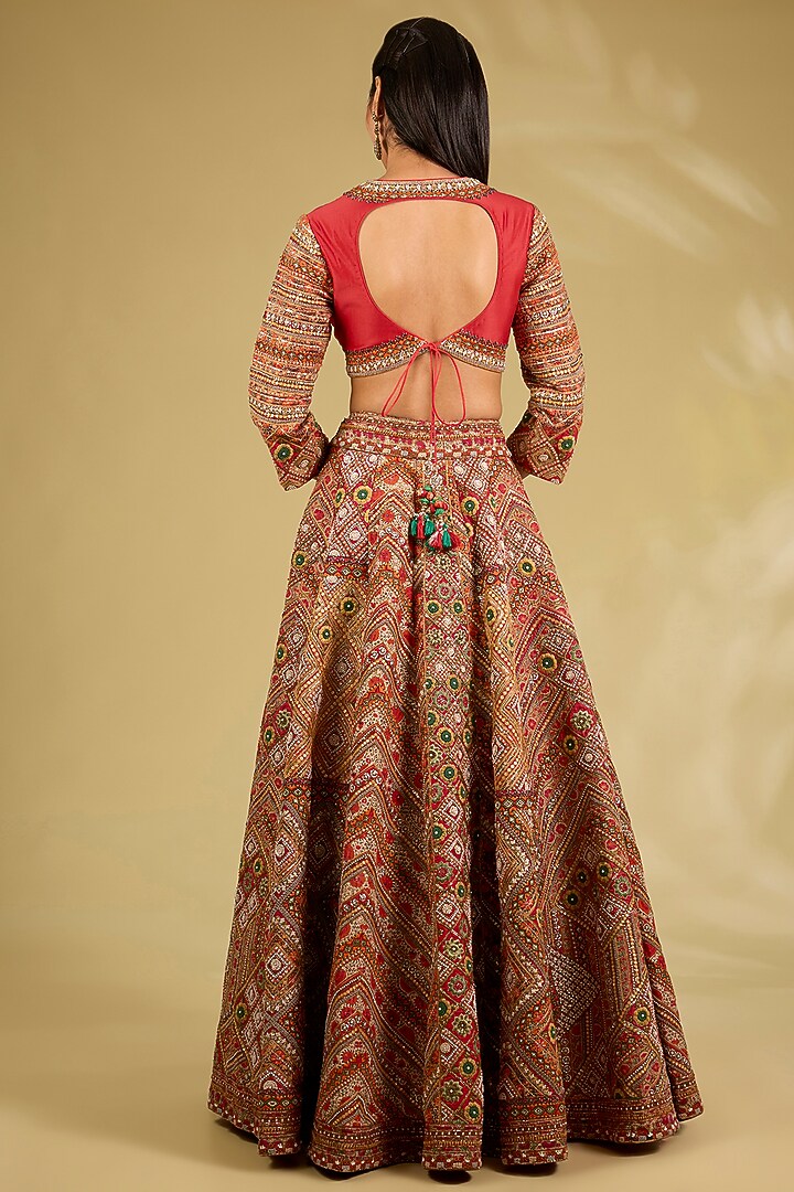 Red Silk Embroidered Bridal Lehenga Set by Debyani at Pernia's Pop Up Shop