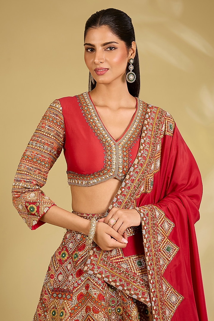 Red Silk Embroidered Bridal Lehenga Set by Debyani at Pernia's Pop Up Shop