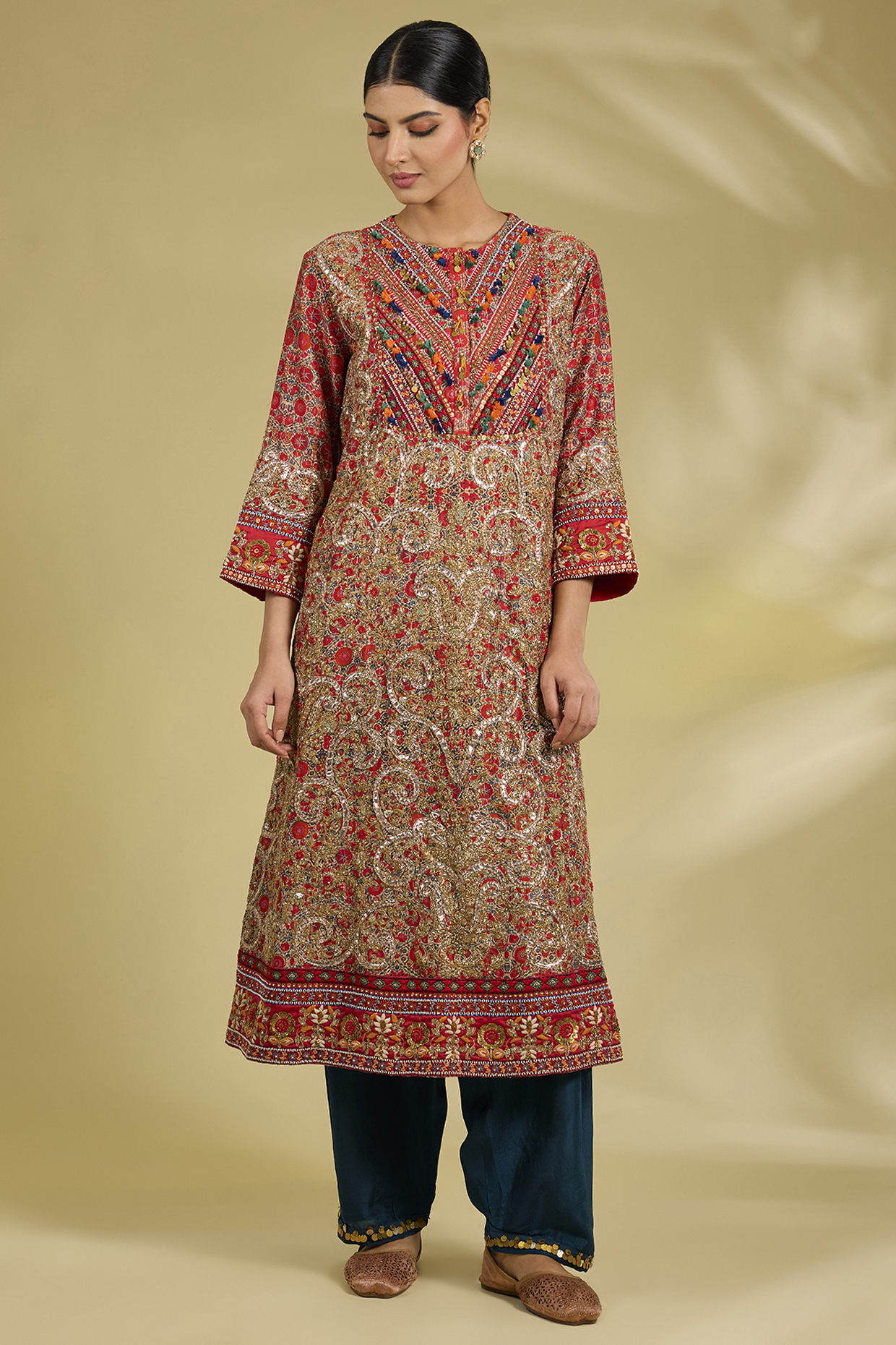 Multi-Colored Silk Hand & Machine Embroidered Kurta Set by Debyani at Pernia's Pop Up Shop