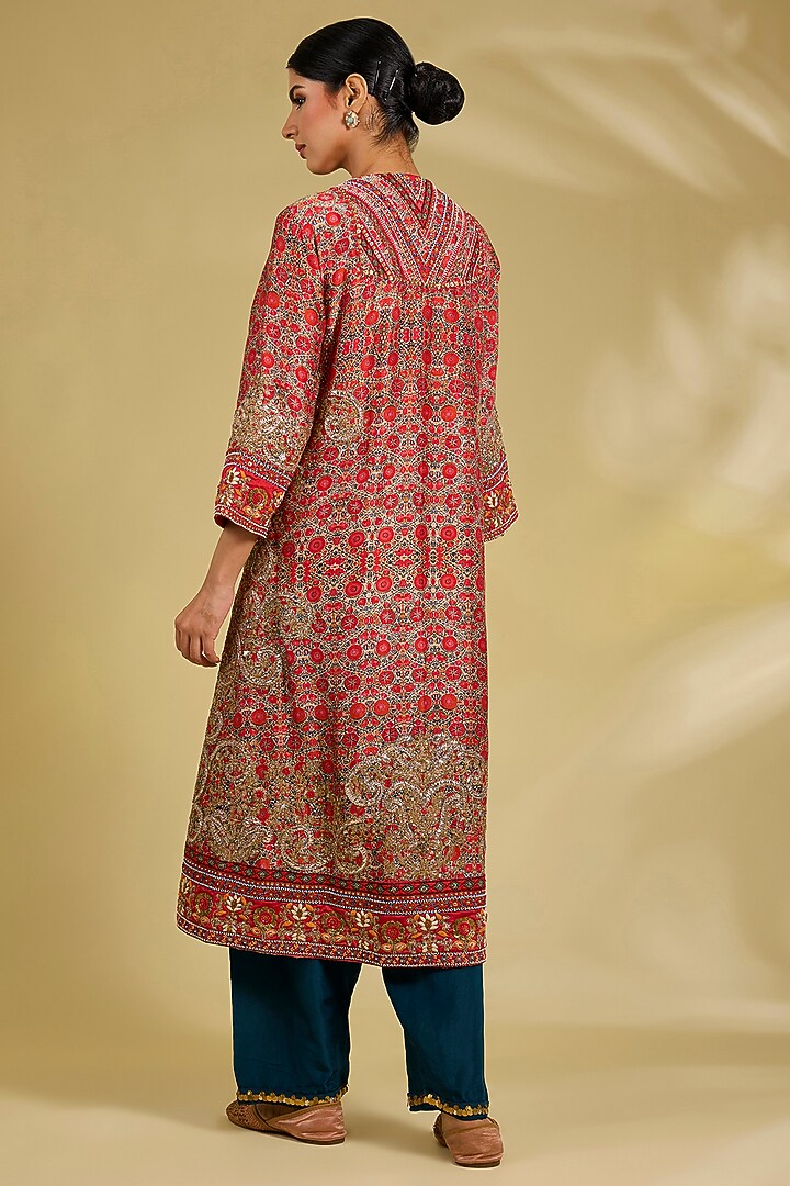Multi-Colored Silk Hand & Machine Embroidered Kurta Set by Debyani at Pernia's Pop Up Shop