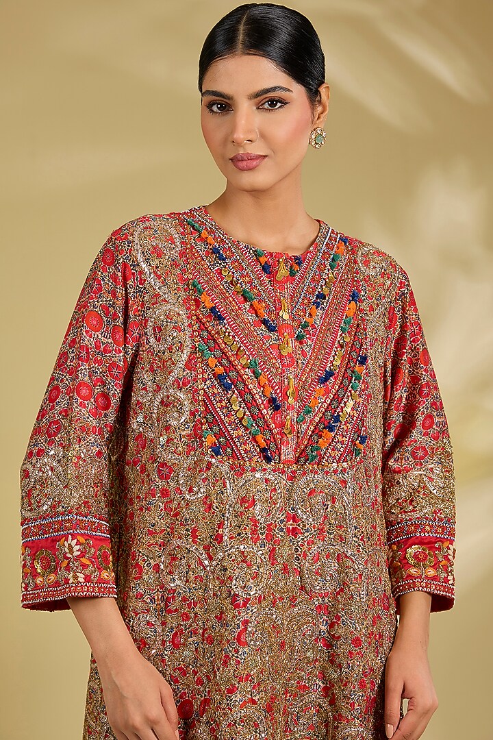 Multi-Colored Silk Hand & Machine Embroidered Kurta Set by Debyani at Pernia's Pop Up Shop