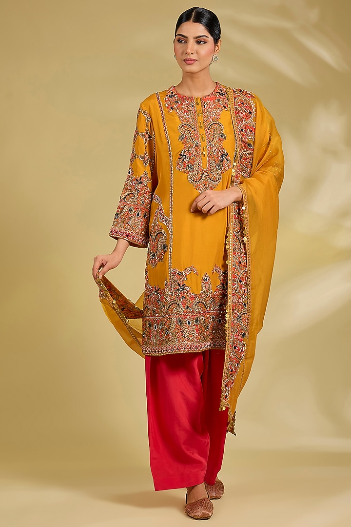 Orange Silk Hand & Machine Embroidered Kurta Set by Debyani at Pernia's Pop Up Shop