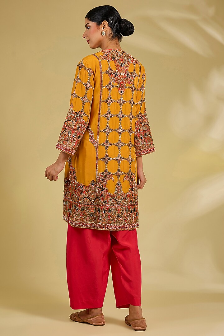 Orange Silk Hand & Machine Embroidered Kurta Set by Debyani at Pernia's Pop Up Shop