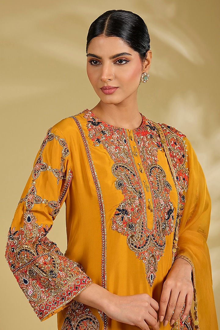 Orange Silk Hand & Machine Embroidered Kurta Set by Debyani at Pernia's Pop Up Shop