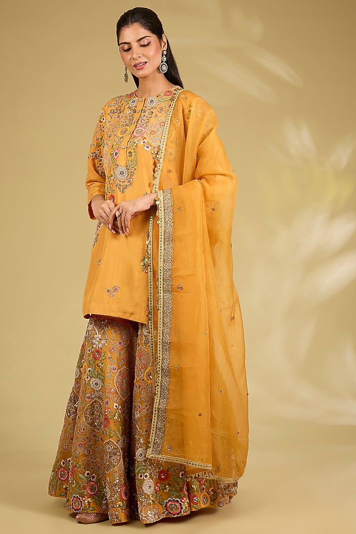 Orange Silk Embroidered Bridal Sharara Set by Debyani at Pernia's Pop Up Shop